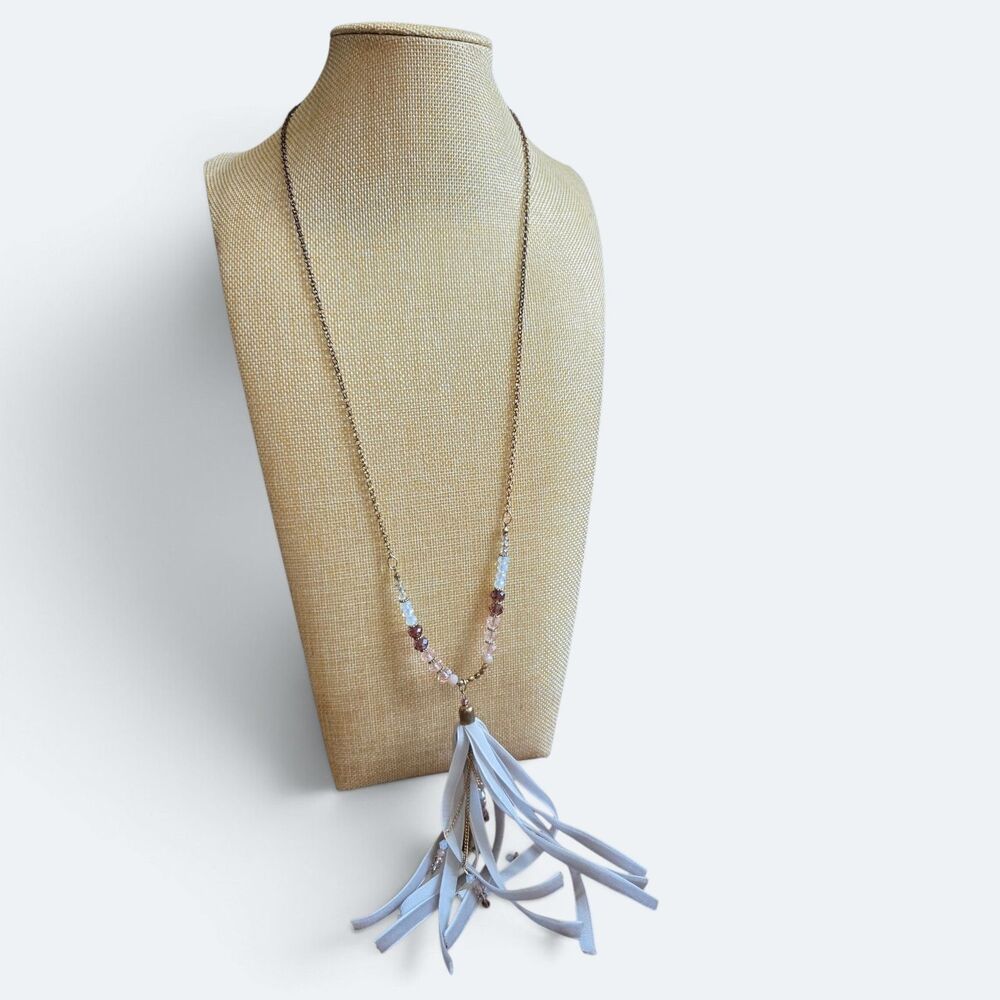 C est 1946 Boho Beaded Ribbon Tassel Long Chain Statement Necklace